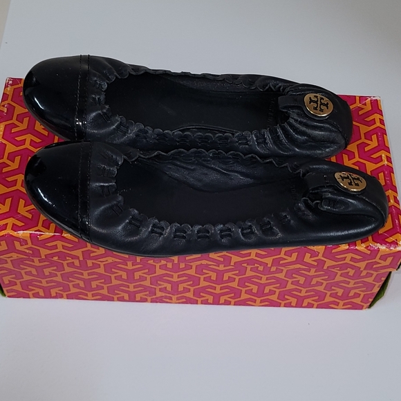 Tory Burch Designer Dark Navy Blue Abbey Leather Ballet Flats Size 7 - Picture 2 of 8